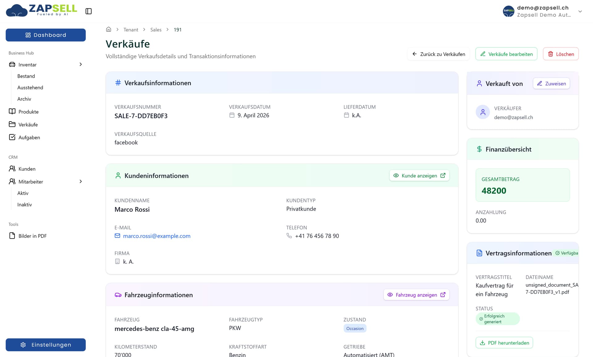 Zapsell CRM Verkaufsabwicklung: Verkaufspipeline und Verträge für den Autohandel