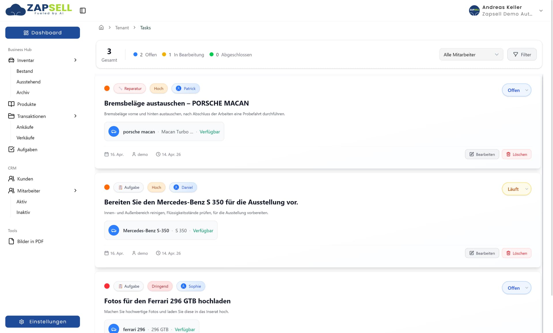 Zapsell CRM Aufgabenverwaltung: Aufgaben und Fristen für Ihr Team